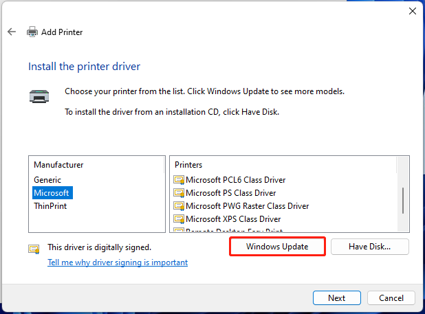 click Windows Update to install the printer driver