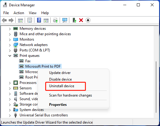 uninstall driver for Microsoft Print to PDF