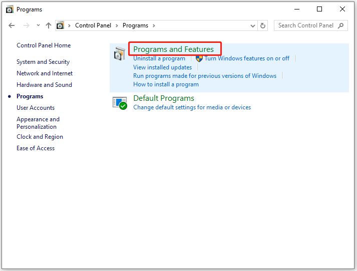 click Programs and Features