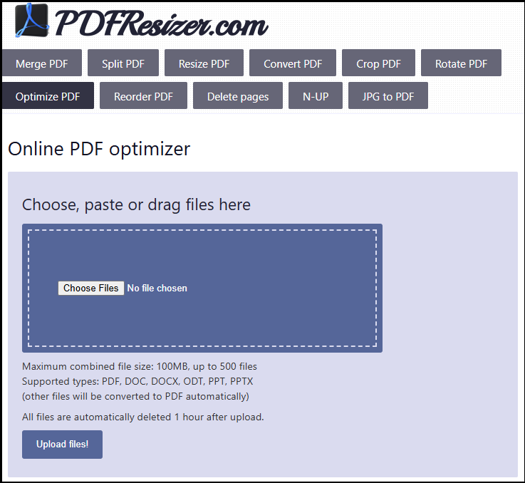 the PDF Resizer interface