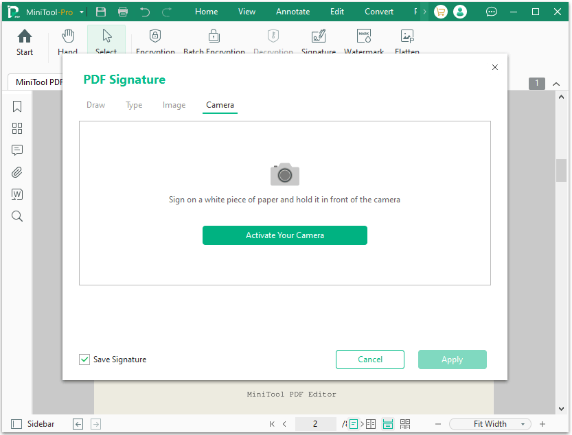 activate camera to create PDF signature