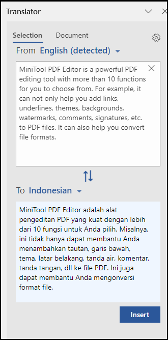 click the Insert button to translate to text