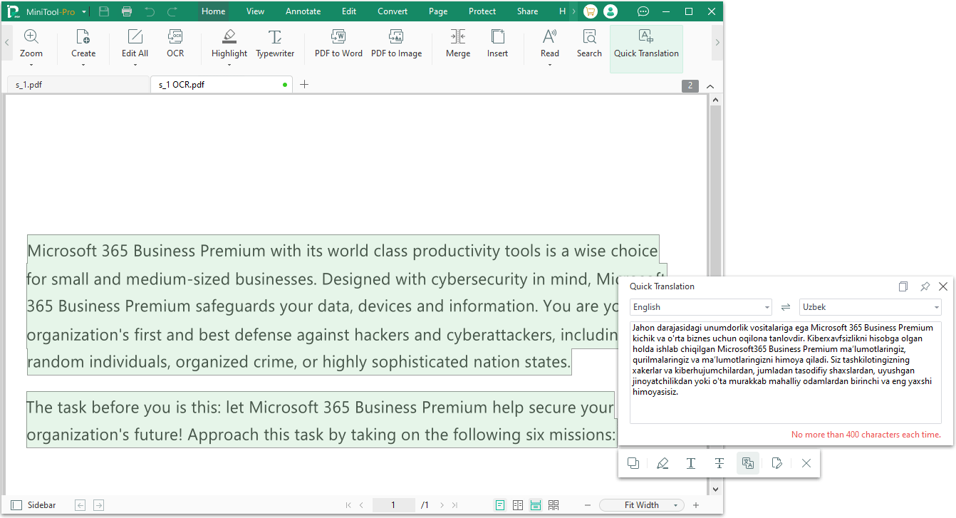 translate English photo to Uzbek MiniTool PDF Editor