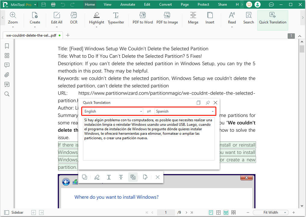 translate English to Spanish MiniTool PDF Editor