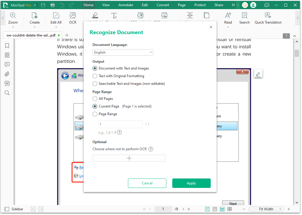 MiniTool PDF Editor tweak the OCR settings