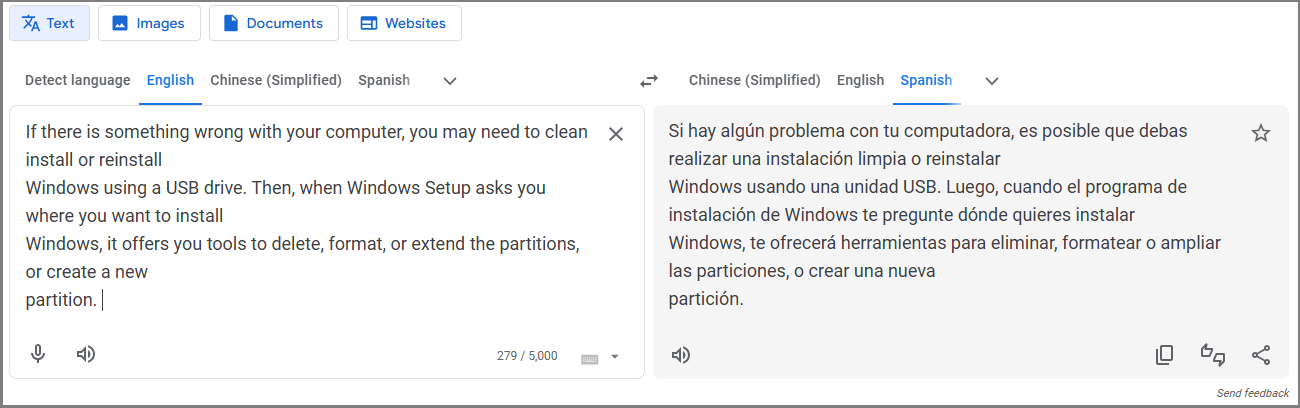 Google Translate Text English to Spanish