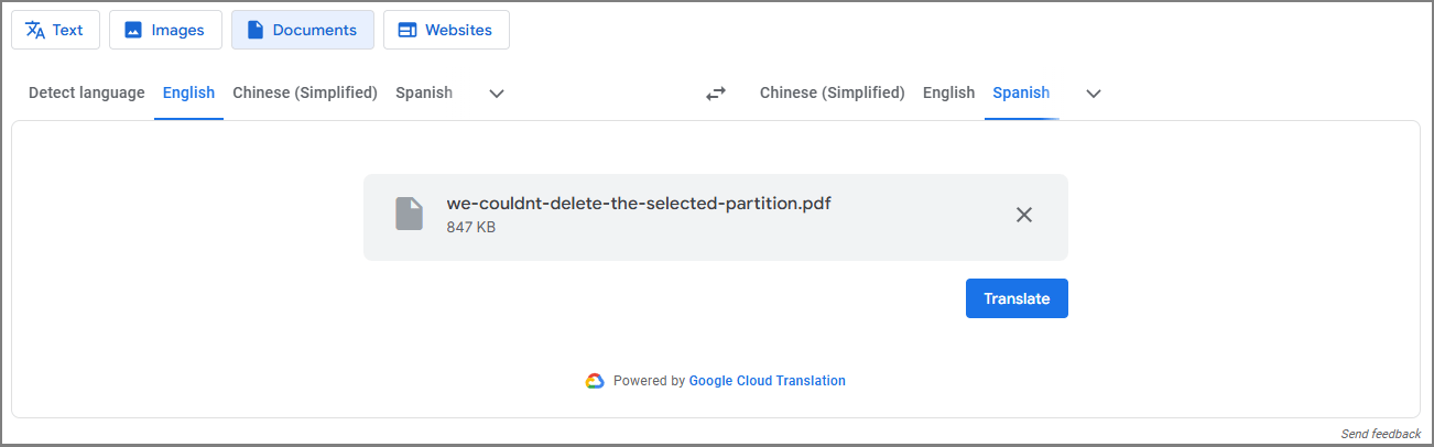 Google Translate Documents English to Spanish