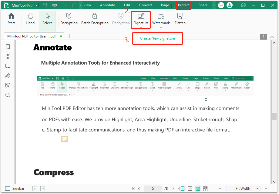 click Create New Signature in MiniTool PDF Editor