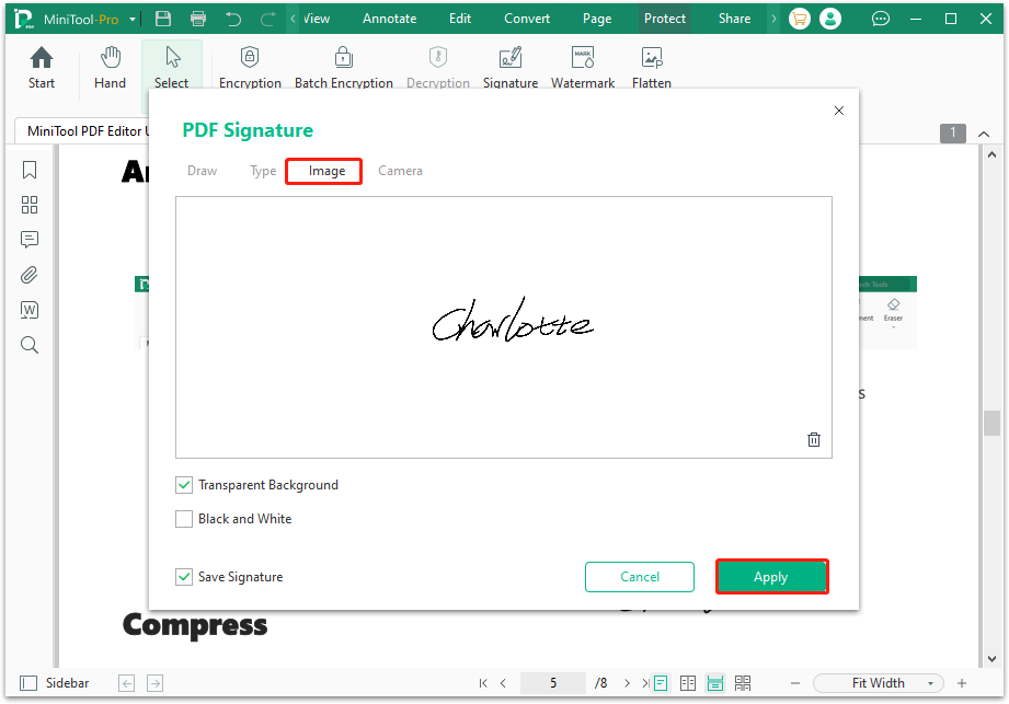 add the scanned wet signature to MiniTool PDF Editor