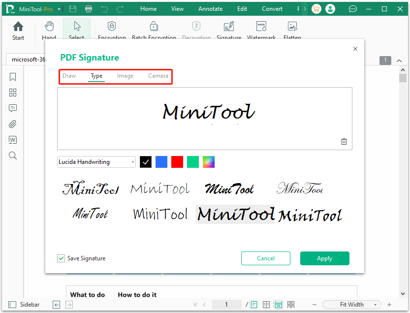 create a signature with MiniTool PDF Editor