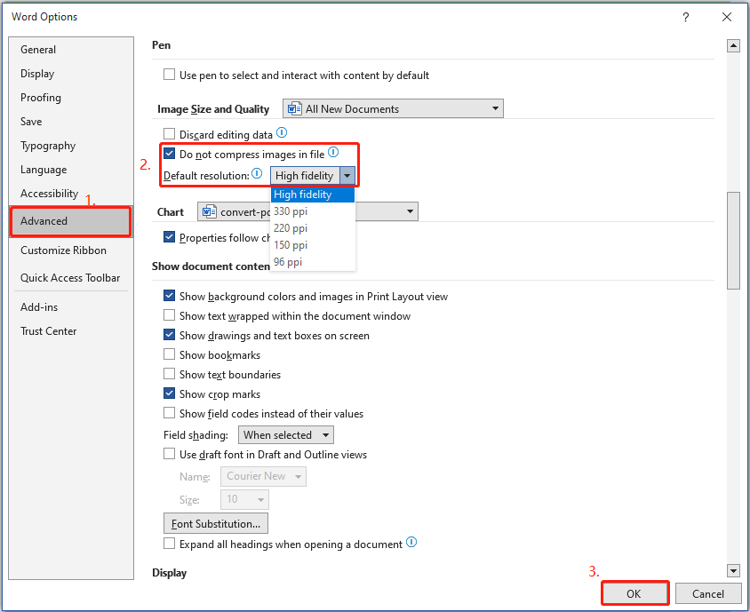 select High fidelity for Image quality on Microsoft Word