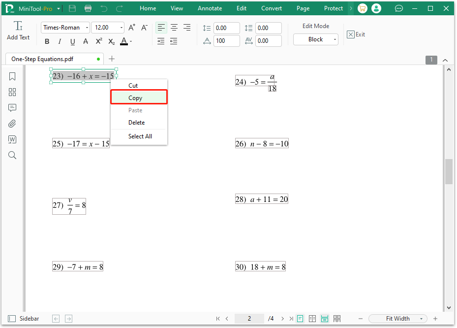 copy the equation from PDF in MiniTool PDF Editor