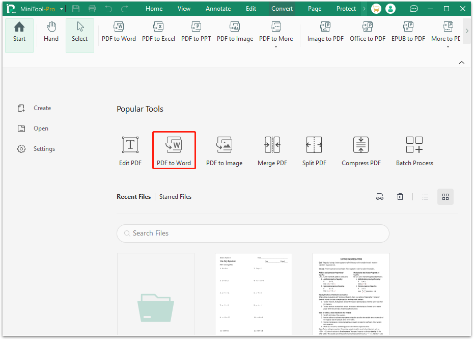 click PDF to Word in MiniTool PDF Editor main interface