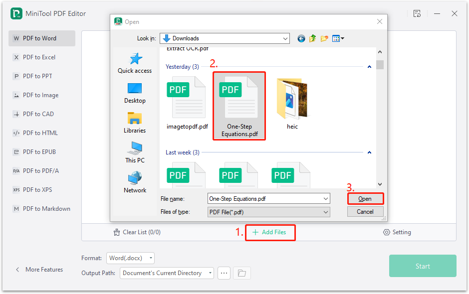 add the equation PDF file in the PDF to Word conversion box