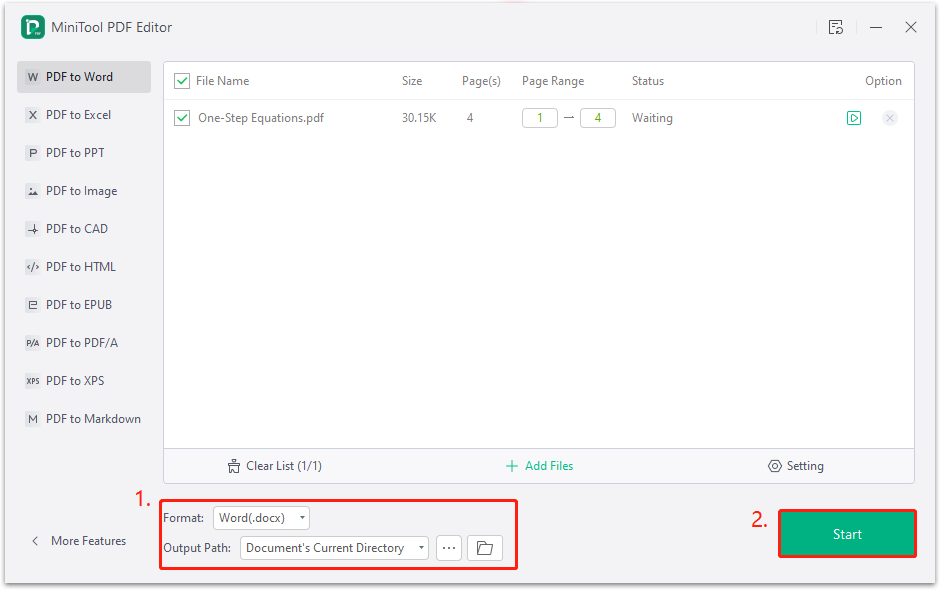 set Format and Output Path for the converted equation Word file