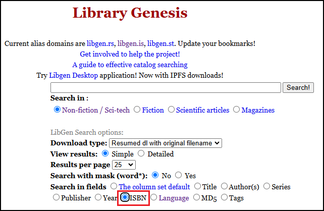 the Library Genesis site interface