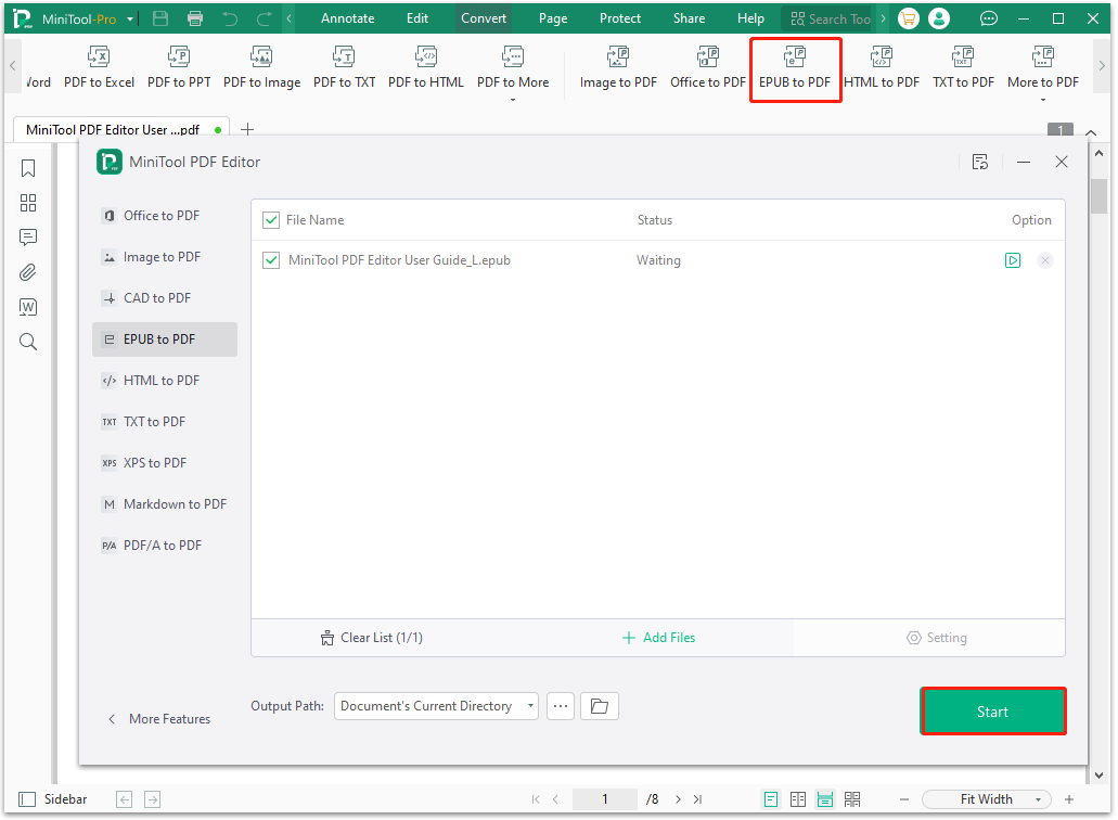 convert EPUB to PDF using MiniTool PDF Editor