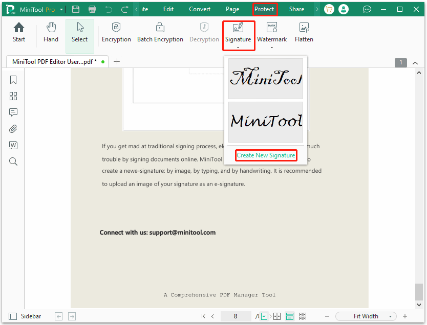 create new signature in MiniTool PDF Editor