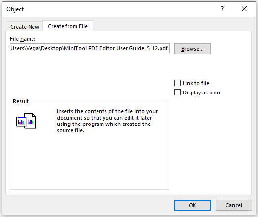 insert PDF into Excel as an object