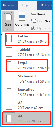 change paper size in Word