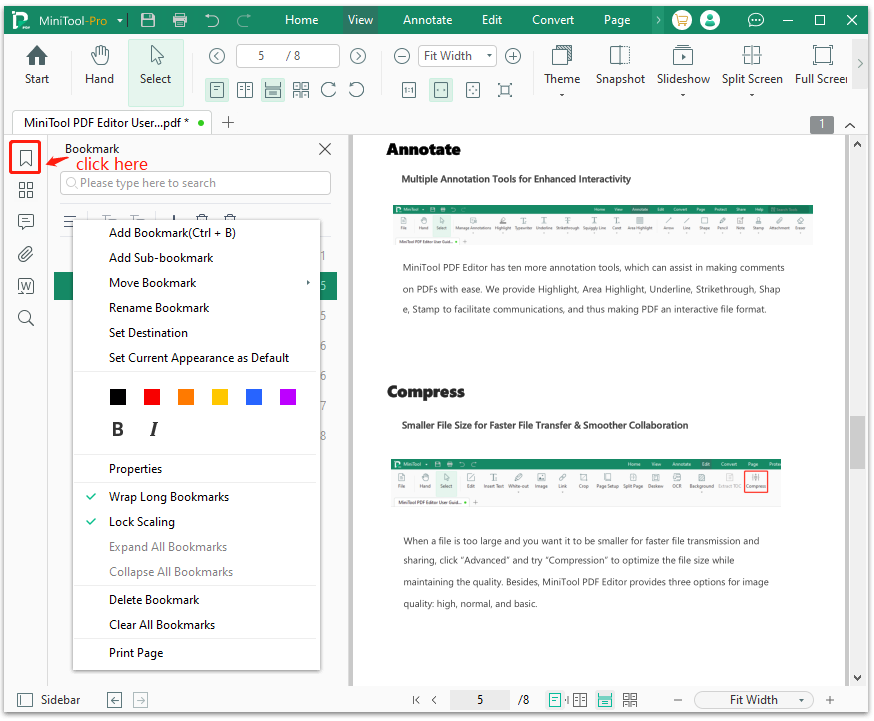 click PDF bookmarks on MiniTool PDF Editor