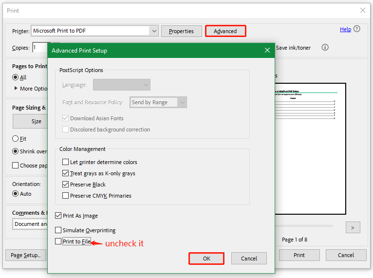 uncheck Print to File in Adobe Acrobat