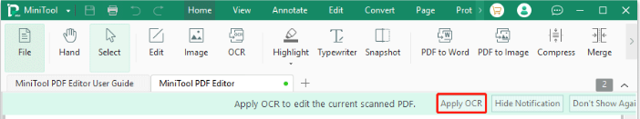 click Apply OCR on MiniTool PDF Editor