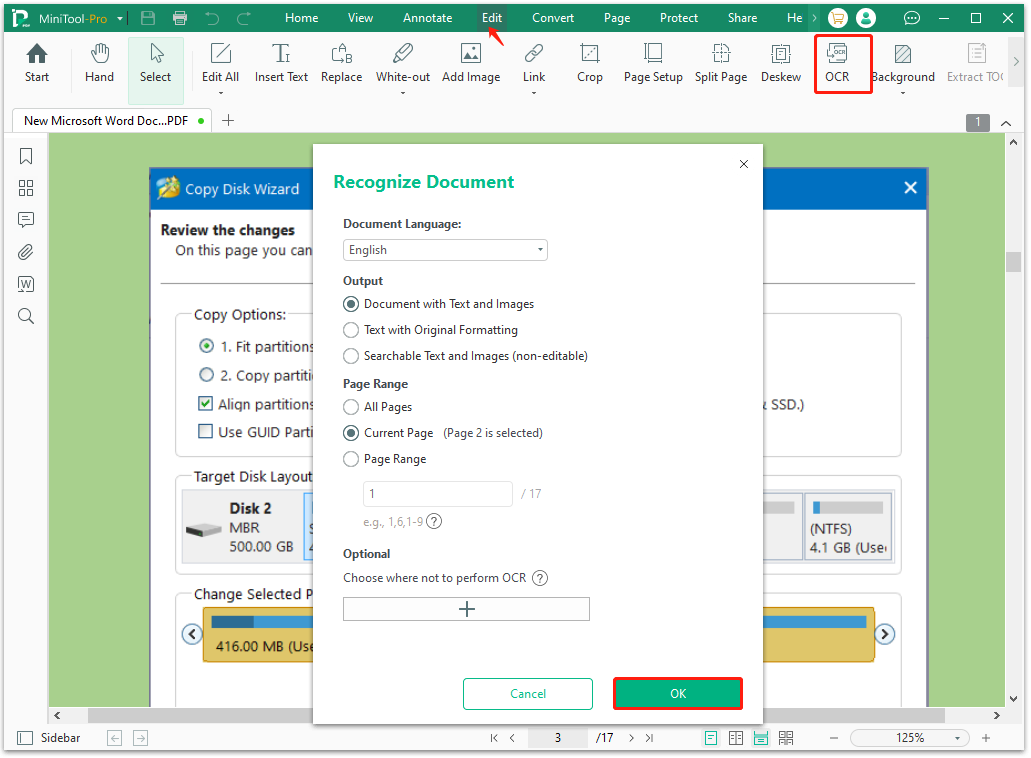 set OCR settings on MiniTool PDF Editor