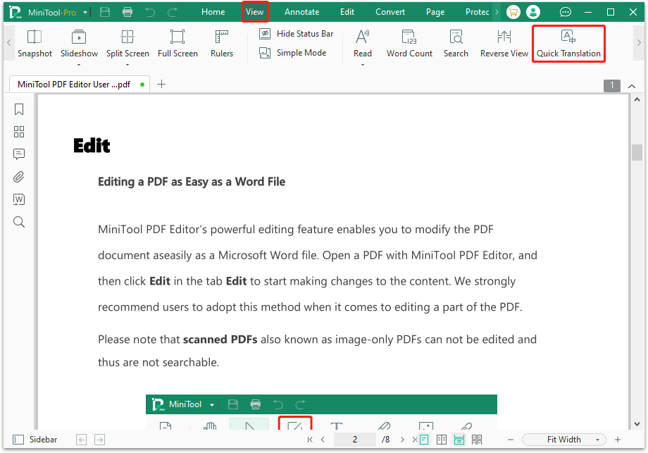 click the Quick Translation option in MiniTool PDF Editor