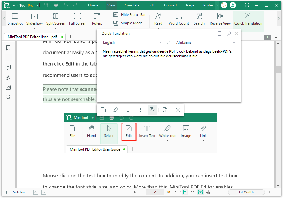 translate English to Afrikaans in PDF in MiniTool PDF Editor