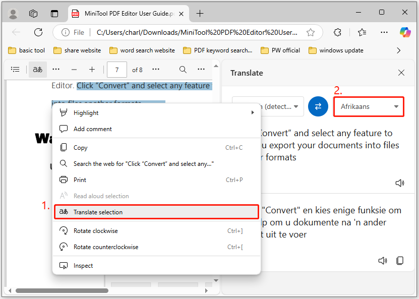 translate English to Afrikaans in PDF via Microsoft Edge