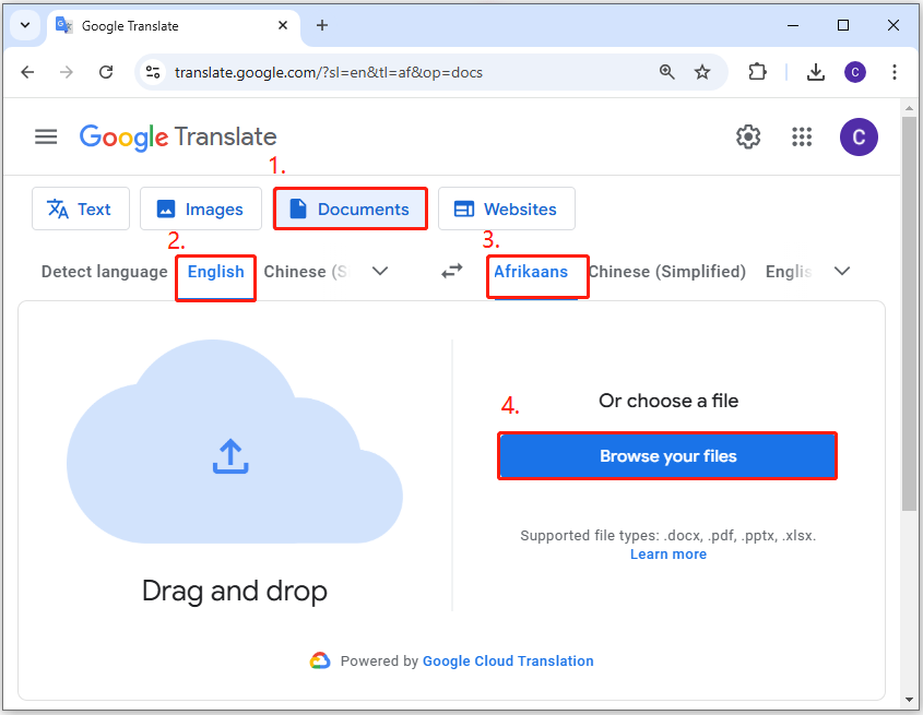 click Browse your files in Google Translate page