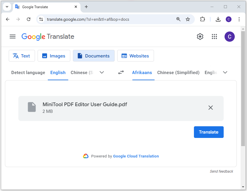 click Translate to start using Google Translate English to Afrikaans