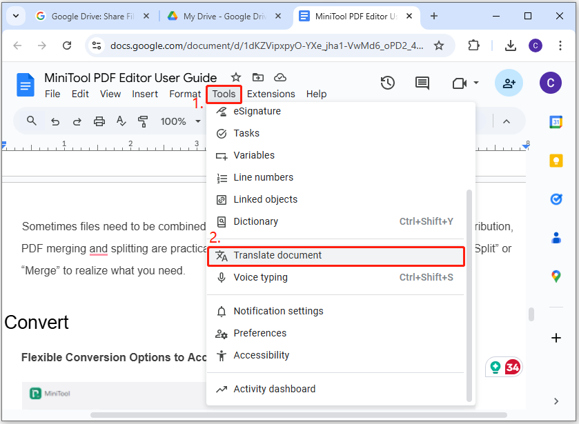 select Translate document in Google Docs