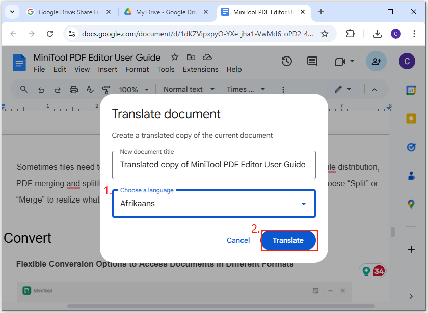 select Afrikaans and click Translate in Google Docs