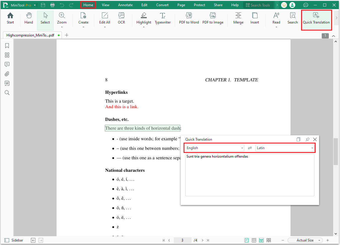 translate English to Latin PDF in MiniTool PDF Editor
