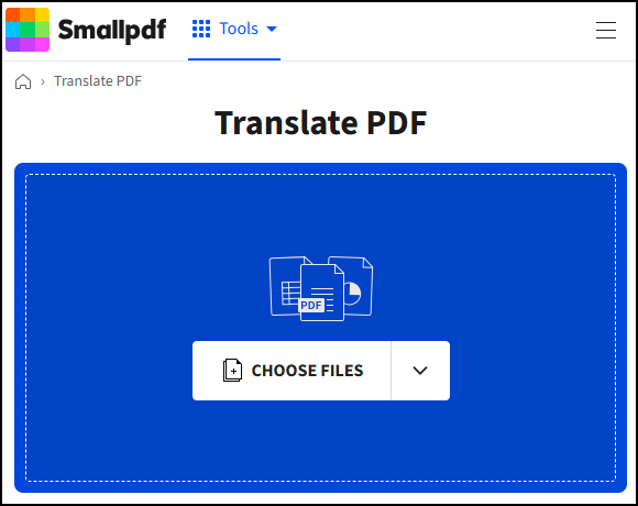 the Smallpdf translation interface