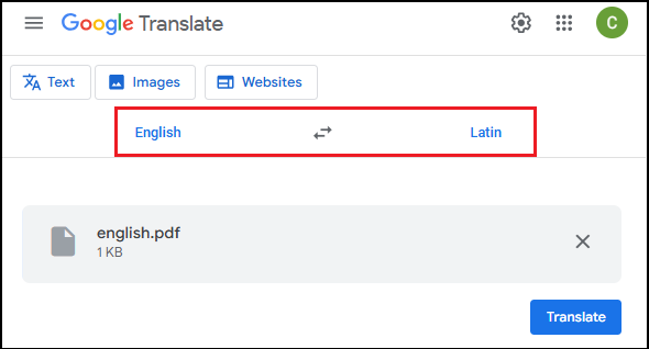 use Google Translate to translate English PDF to Latin