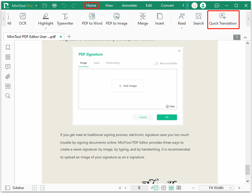 choose Quick Translate in MiniTool PDF Editor