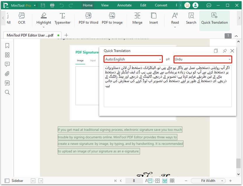 translate from English to Urdu PDF in MiniTool PDF Editor