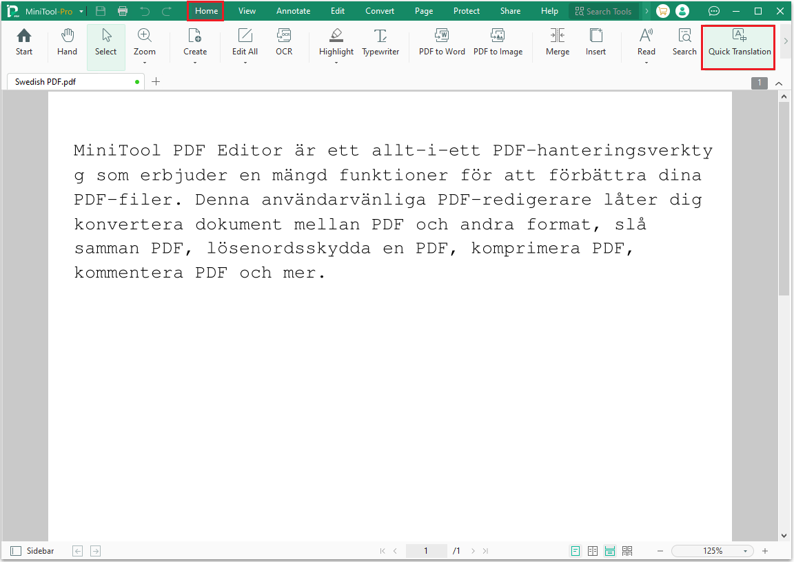 click quick translation in MiniTool PDF Editor