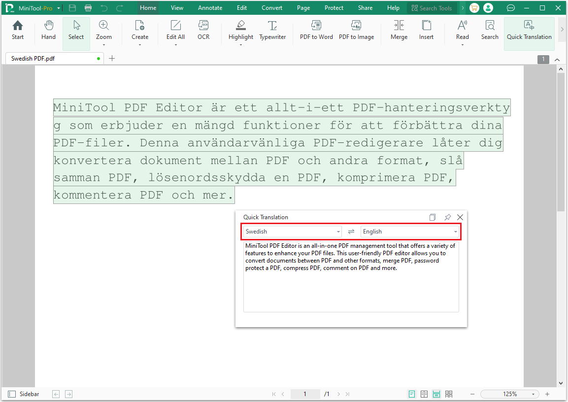 MiniTool PDF Editor translate PDF from Swedish to English