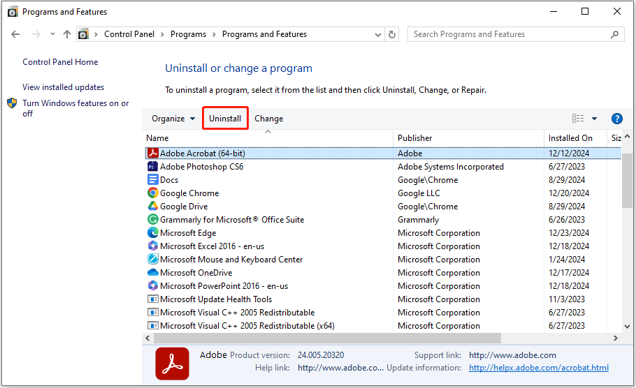 uninstall Adobe Acrobat in Control Panel