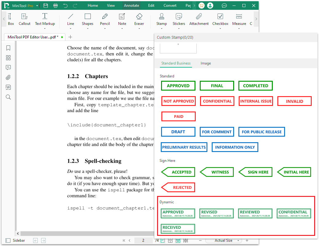 here are 5 types of dynamic stamps in MiniTool PDF Editor