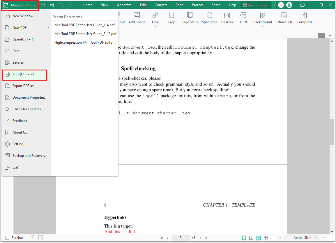click Print in MiniTool PDF Editor