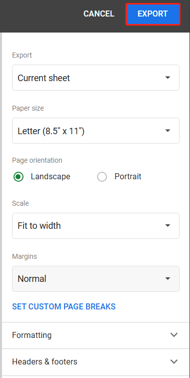 configure settings and click Export