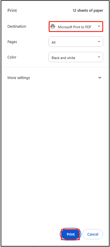 configure settings and click Print