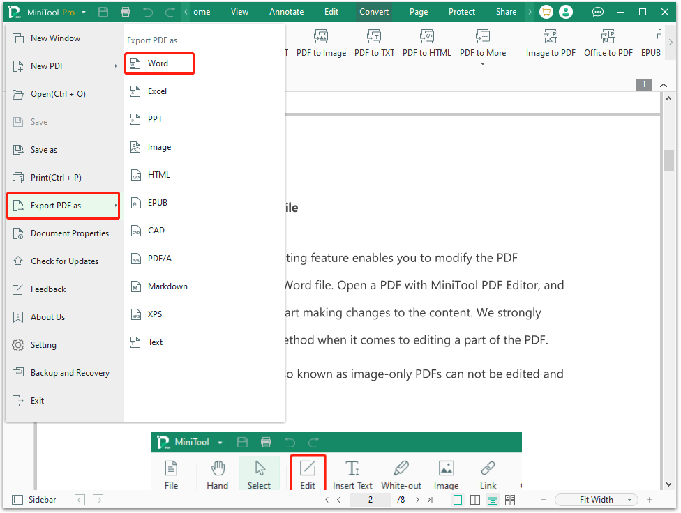 select Export PDF as in MiniTool PDF Editor