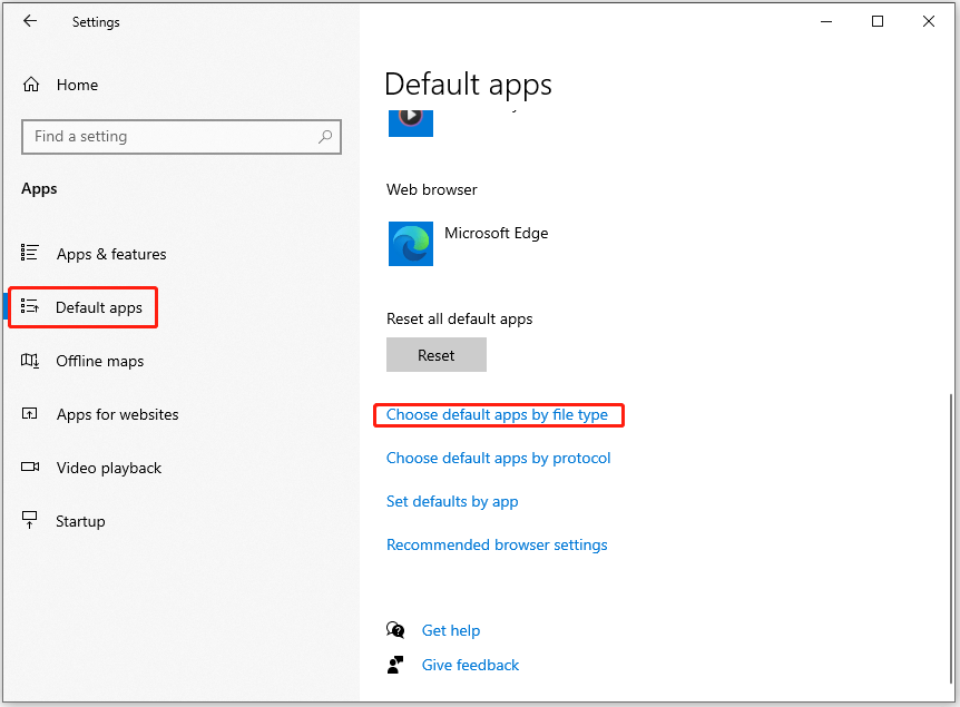 click the Choose default apps by file type link
