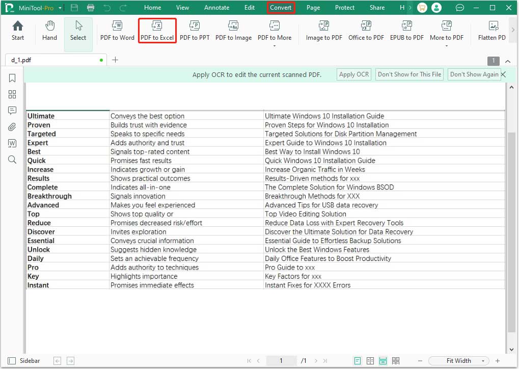 enable the PDF to Excel feature MiniTool PDF Editor
